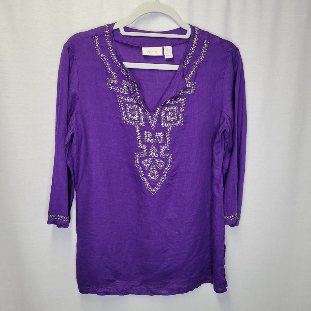Chico's Women's Size 0 Shirt Top V Neck Purple Beaded Linen